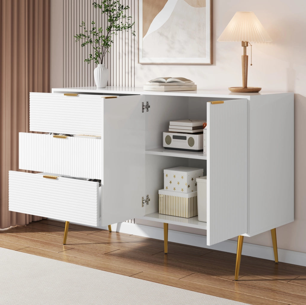 Sideboard moderno 120x38x80;5 cm in MDF bianco e oro con 3 cassetti e 2 ante