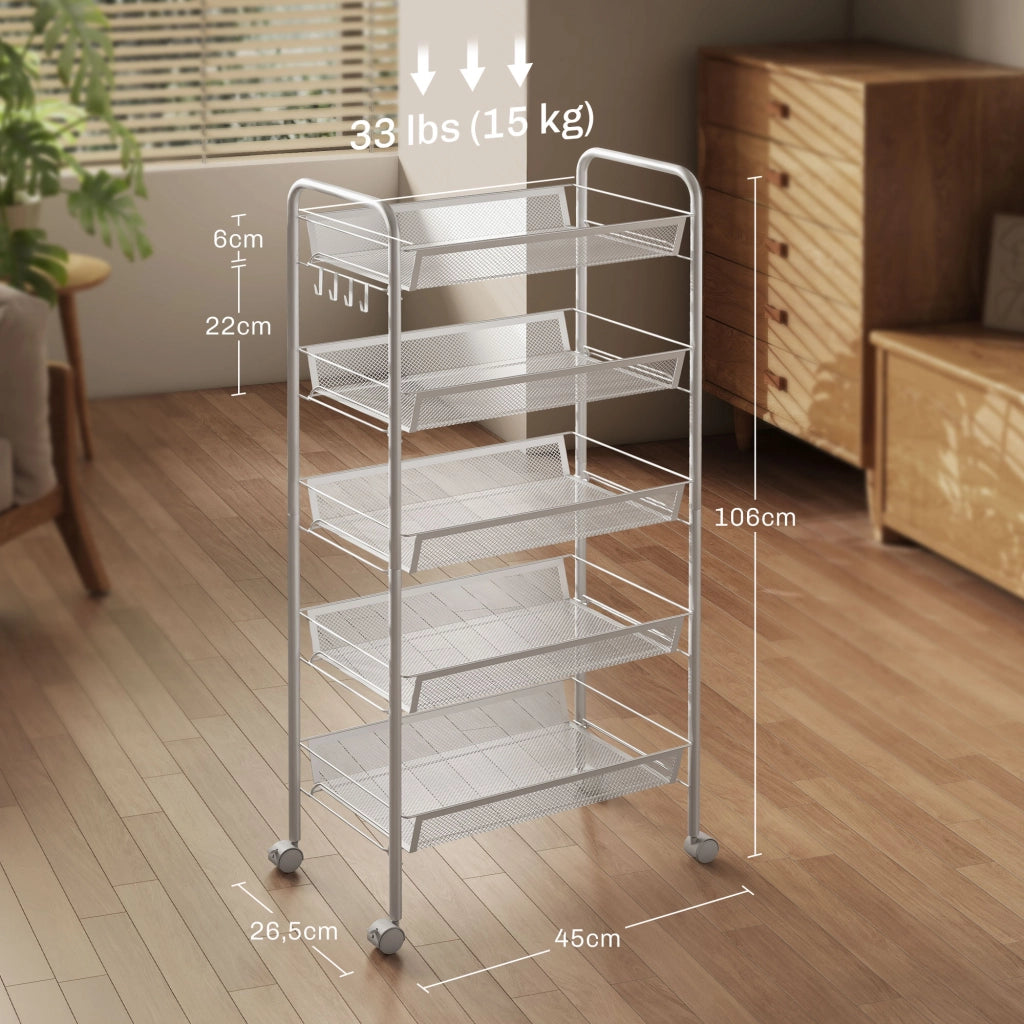 Carrello multiuso a 5 ripiani ¨C Xylo ¨C con cestelli rimovibili e 4 ganci, bianco, 45x26.5x106cm