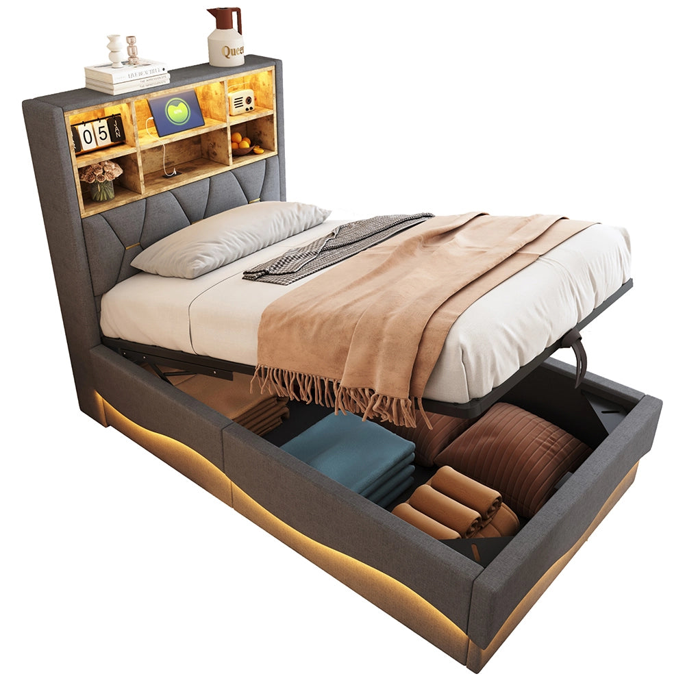 Letto bambino-Xylo-90x200 cm-LED app, USB, metallo, lino grigio