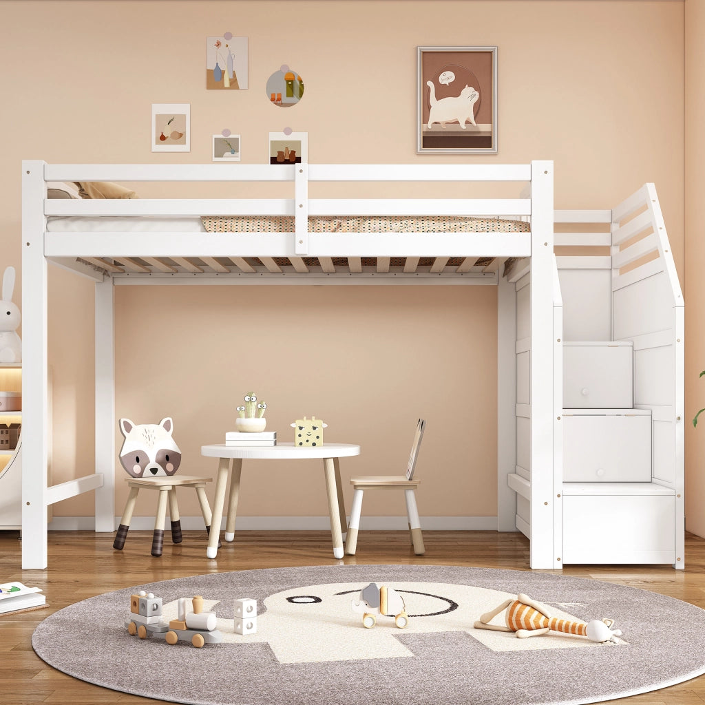Hochbett per bambini 90x200 cm, in legno di pino, con sponde di protezione, scala con contenitore, rete a doghe, bianco
