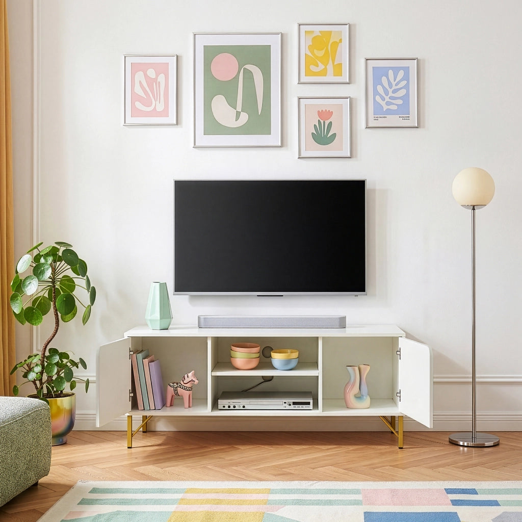 Mobile Porta TV Reyri a 2 Ante e 2 Vani Aperti 120 x 39 x 52 cm - Bianco/Dorato [en.casa]