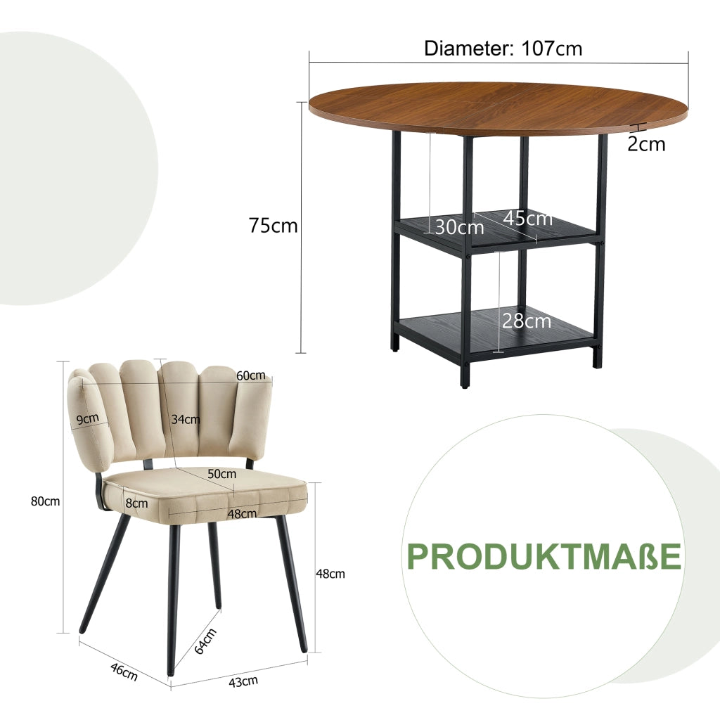 Set tavolo cucina e sedie con tavolo rotondo e 2 sedie; ripiani portaoggetti; in mdf e metallo nero; noce e caffè chiaro