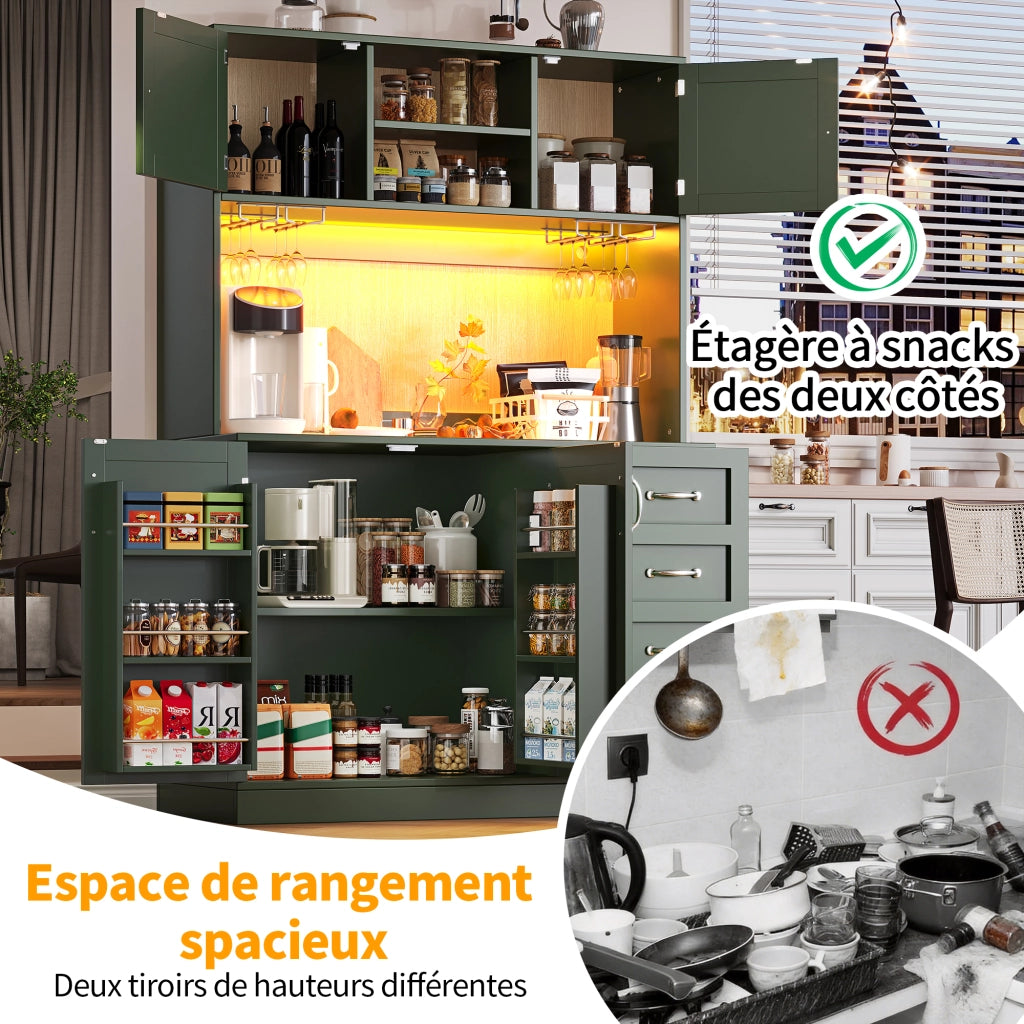 Credenza con 4 Ante 2 Cassetti Portabottiglie e LED per Sala da Pranzo in MDF Verde 120 x 40 x 188 cm