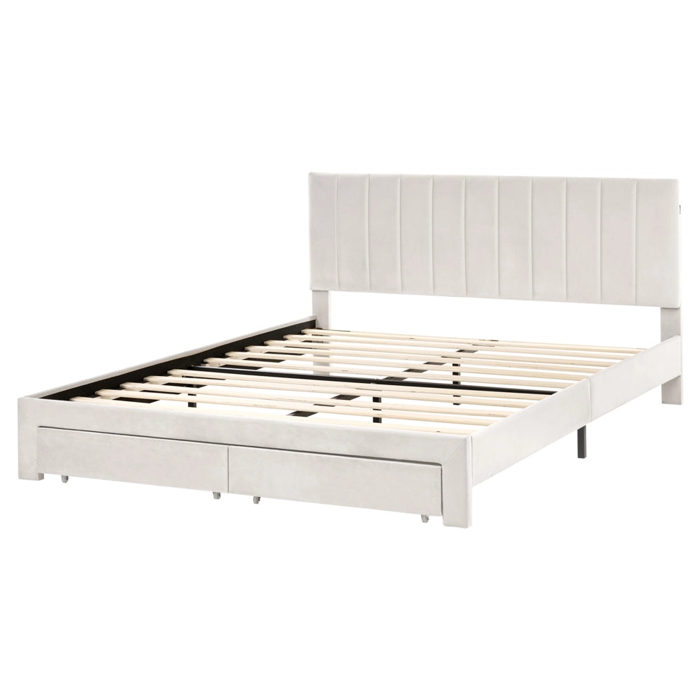 Letto matrimoniale 160 x 200 cm Bianco Sporco Rivestimento in velluto 4ft con cassetti Testiera Base a doghe Moderno