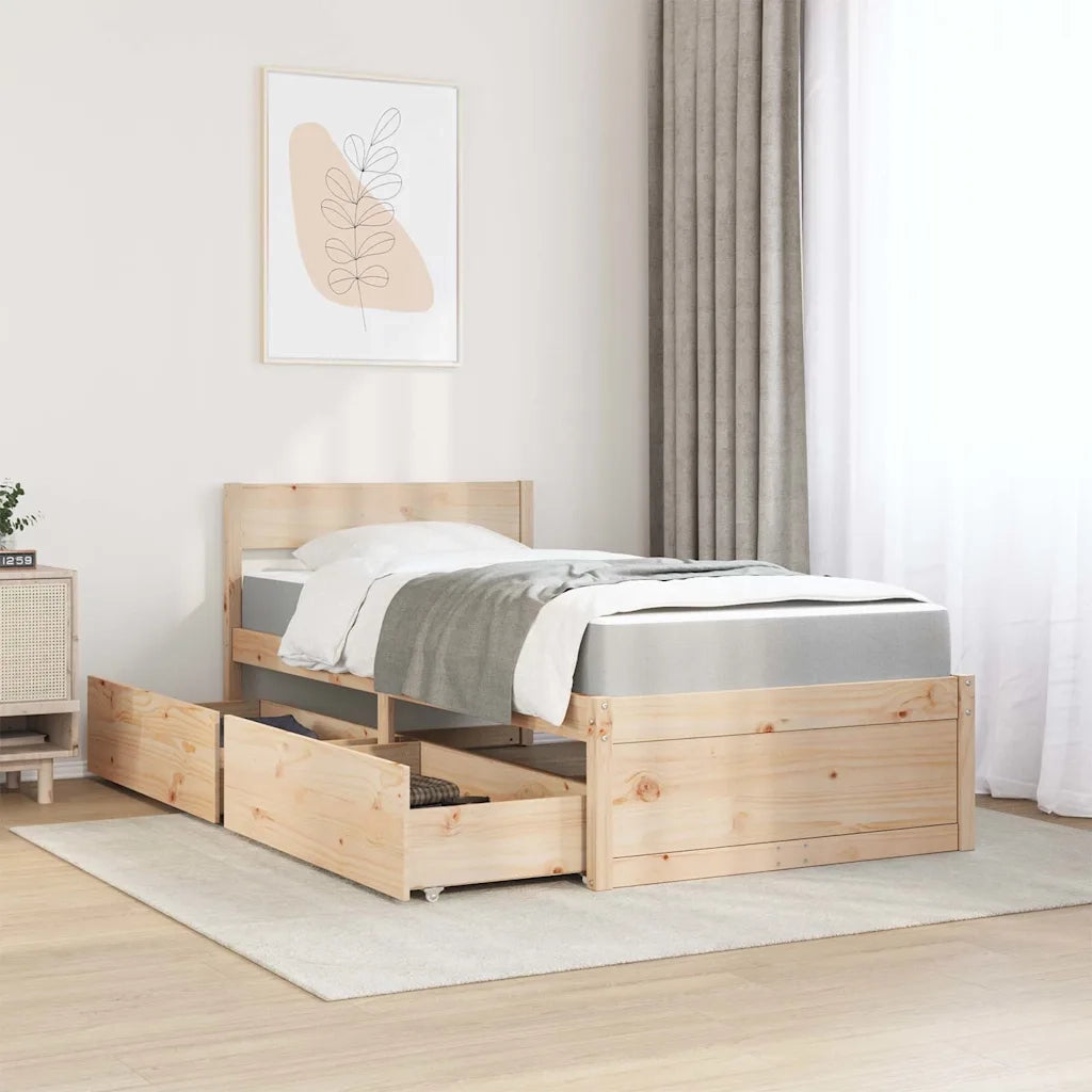 Letto singolo | Letto per adulti | Letto con Cassetti e Materasso 90x200 cm Legno Massello di Pino