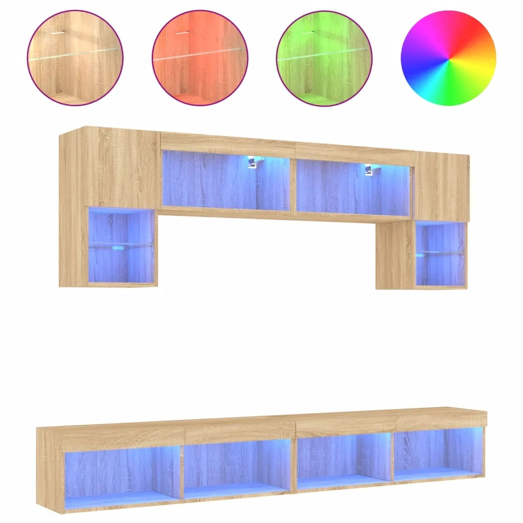 Mobili TV a Muro con LED 6 pz-Credenza per TV sospesa Rovere Sonoma Legno Multistrato 917234
