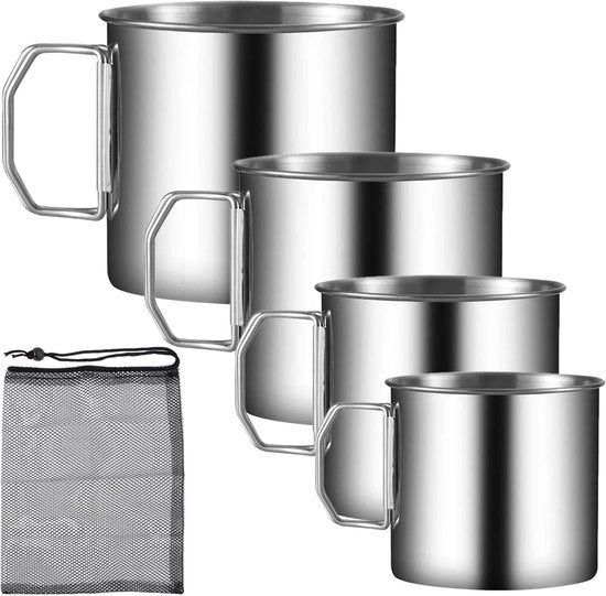 Set di bicchieri da campeggio 4 pezzi - Bicchieri in acciaio inossidabile - Manici pieghevoli - 760 ml / 550 ml - Base antiscivolo - Design spaziale - Moka