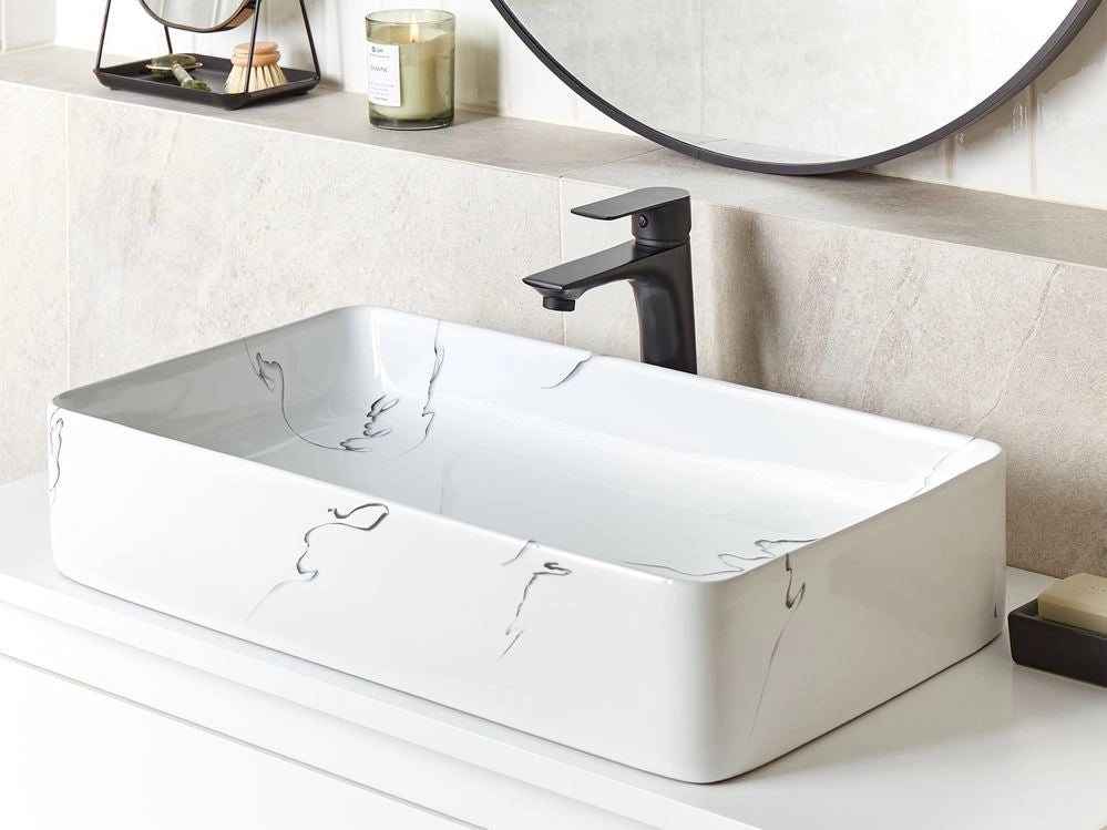 Lavabo da appoggio in ceramica bianca effetto marmo 610 x 350 mm Lavabo da bagno rettangolare stile Glam