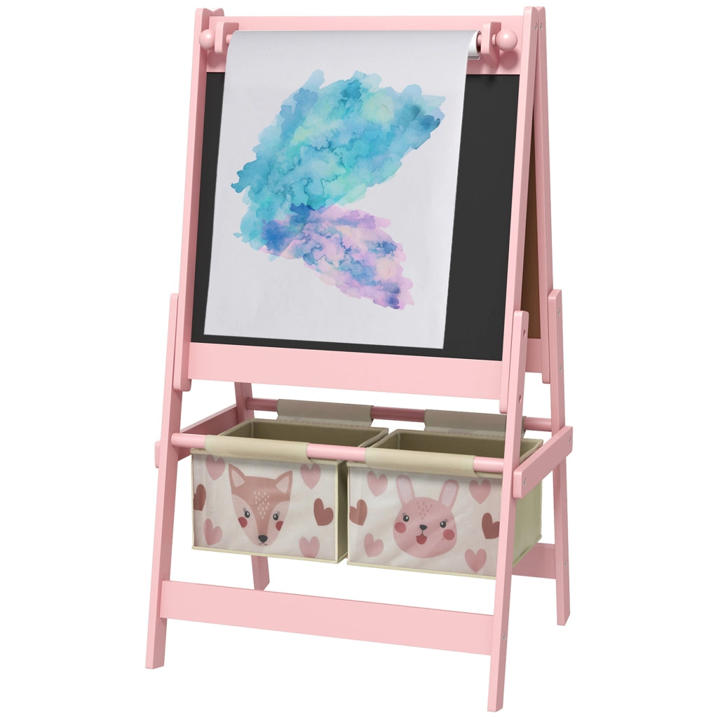 Lavagna cavalletto bambini doppia faccia con rotolo carta e 2 cestini ¨C Xylo ¨C Rosa 54x46,5x93cm