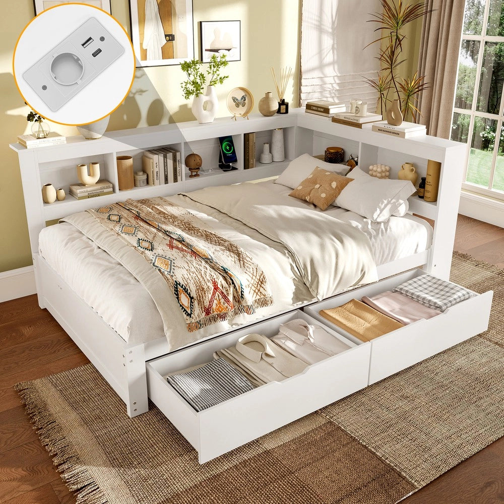 Divano Letto con Cassetti e Presa USB ¨C MINIMAL ¨C Bianco 140x200