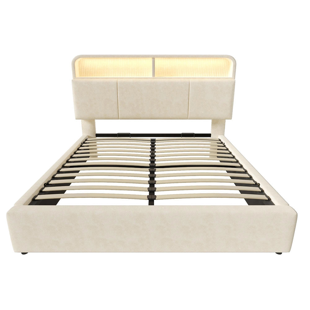 Letto Matrimoniale Idraulico 140x200cm - Xylo - Testiera Regolabile LED con USB, Velluto Beige