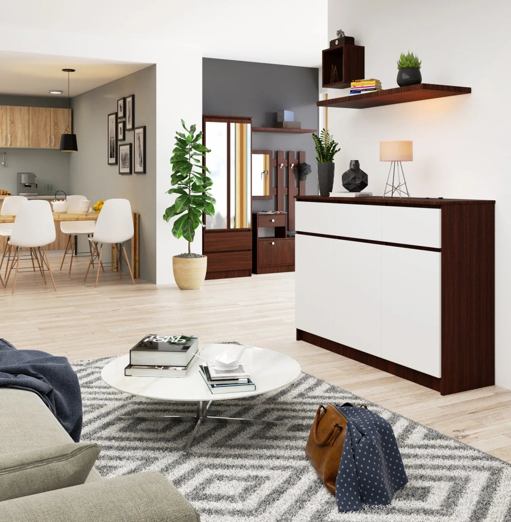 Cassettiera AKORD K140 Wengé 138 cm 3 ante 3 cassetti inserto frontale Bianco 138x40x99 cm