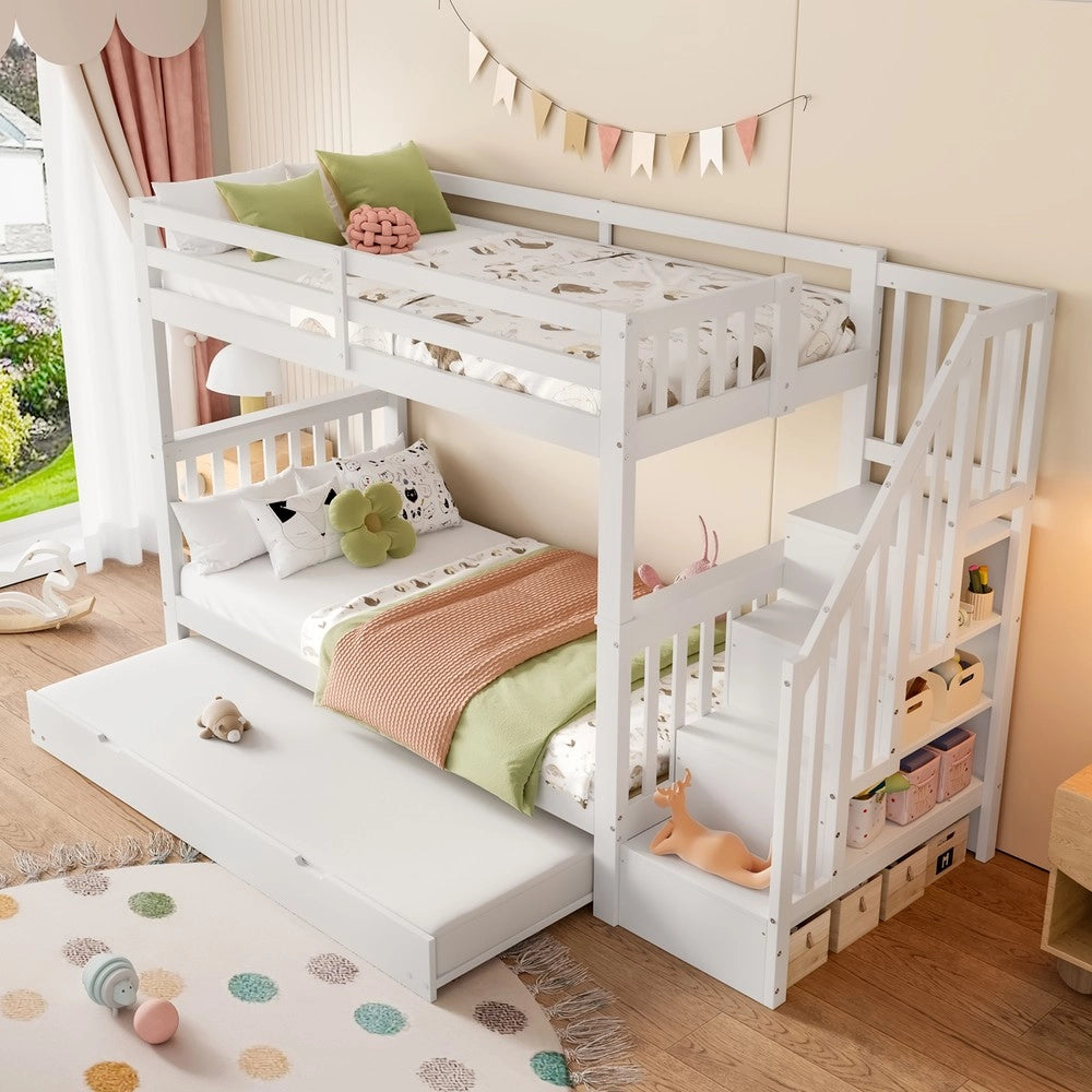 Letto a Castello con Scaletta e Letto Estraibile ¨C Xylo ¨C Bianco 90x200