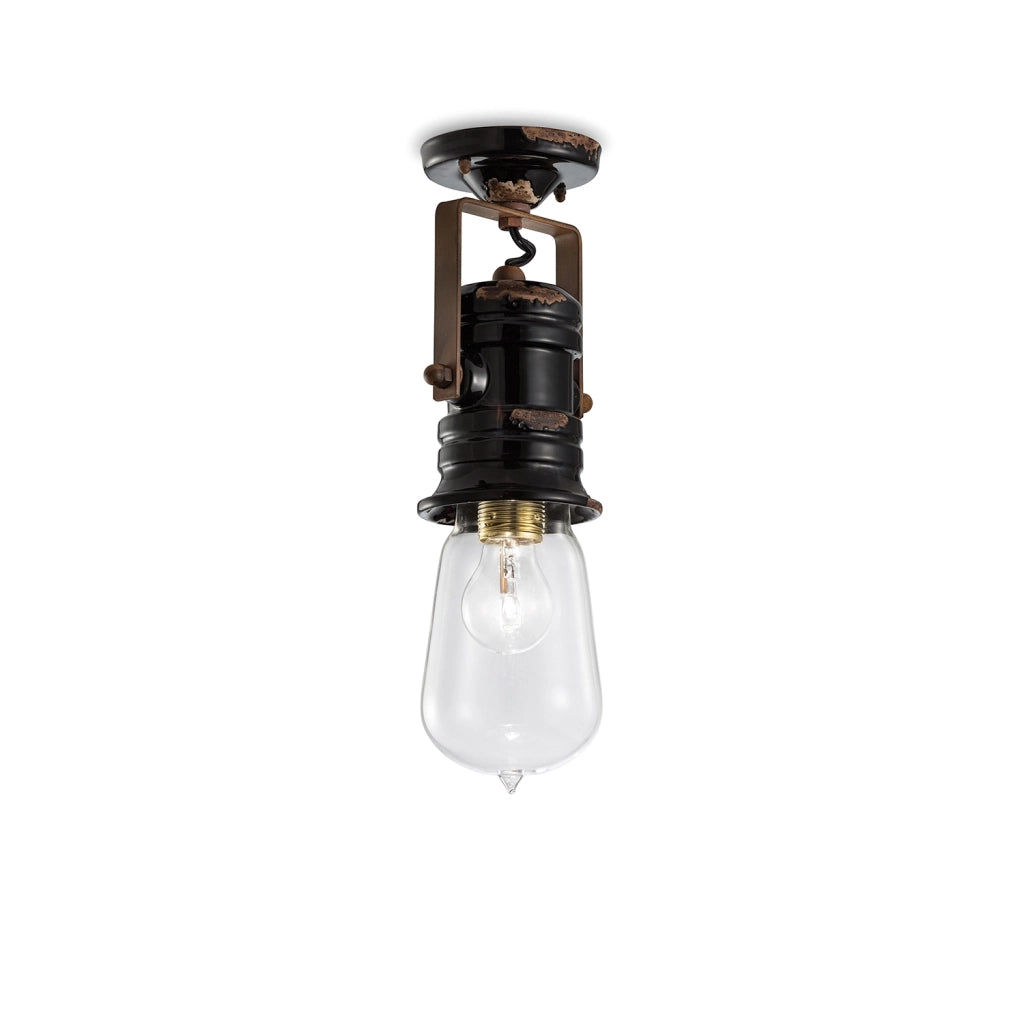 Plafoniera Industrial Minimal Urban Ferro E Ceramica Vintage Nero 1 Luce E27