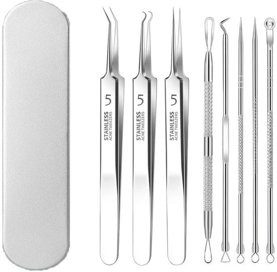 Set di Estrattori di Comedoni Professionale - 8 Pezzi - Estrattore di Acne e Blackhead con Manico in Acciaio Inossidabile