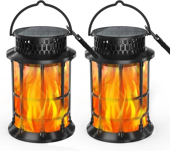 Lampade solari acqua-resistenti per esterno, lampade a fiamma al neon migliorata, lampade solari appese, decorazione di giardino e terrazza alimentata da energia solare, set da 2.