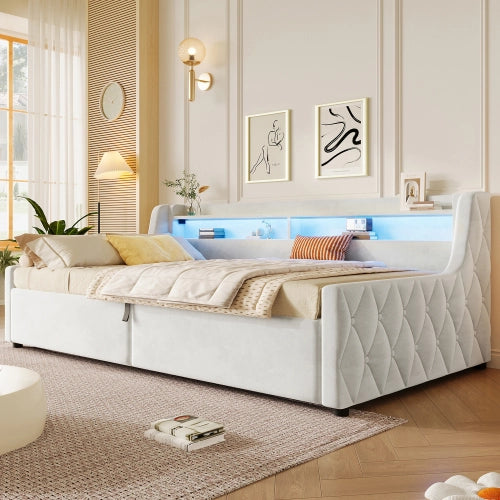 Letto singolo con contenitore 90x200 cm LEMONMAX, LED multicolore, testiera imbottita, salvaspazio per cameretta, MDF e tessuto, beige