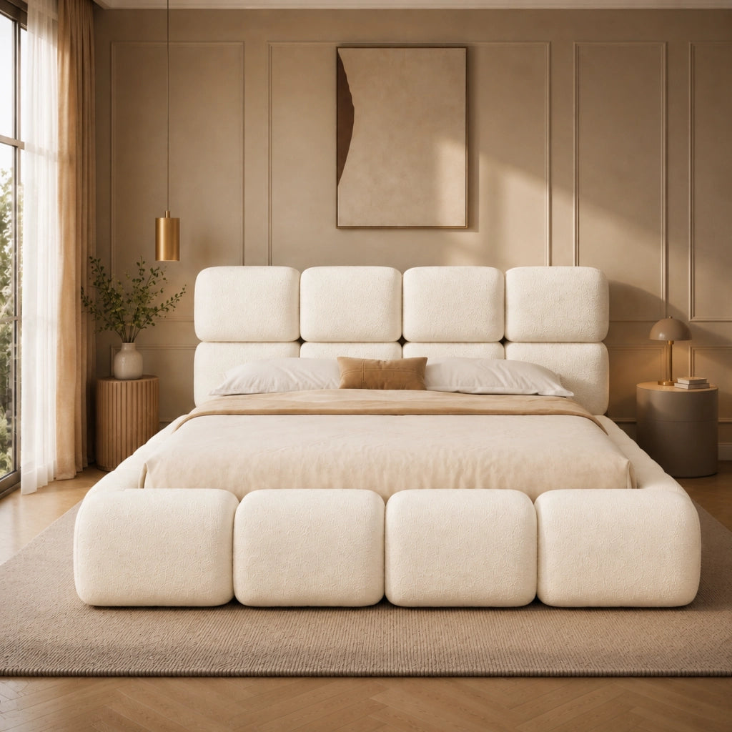 letto imbottito bouclé bianco 224 x 183 cm