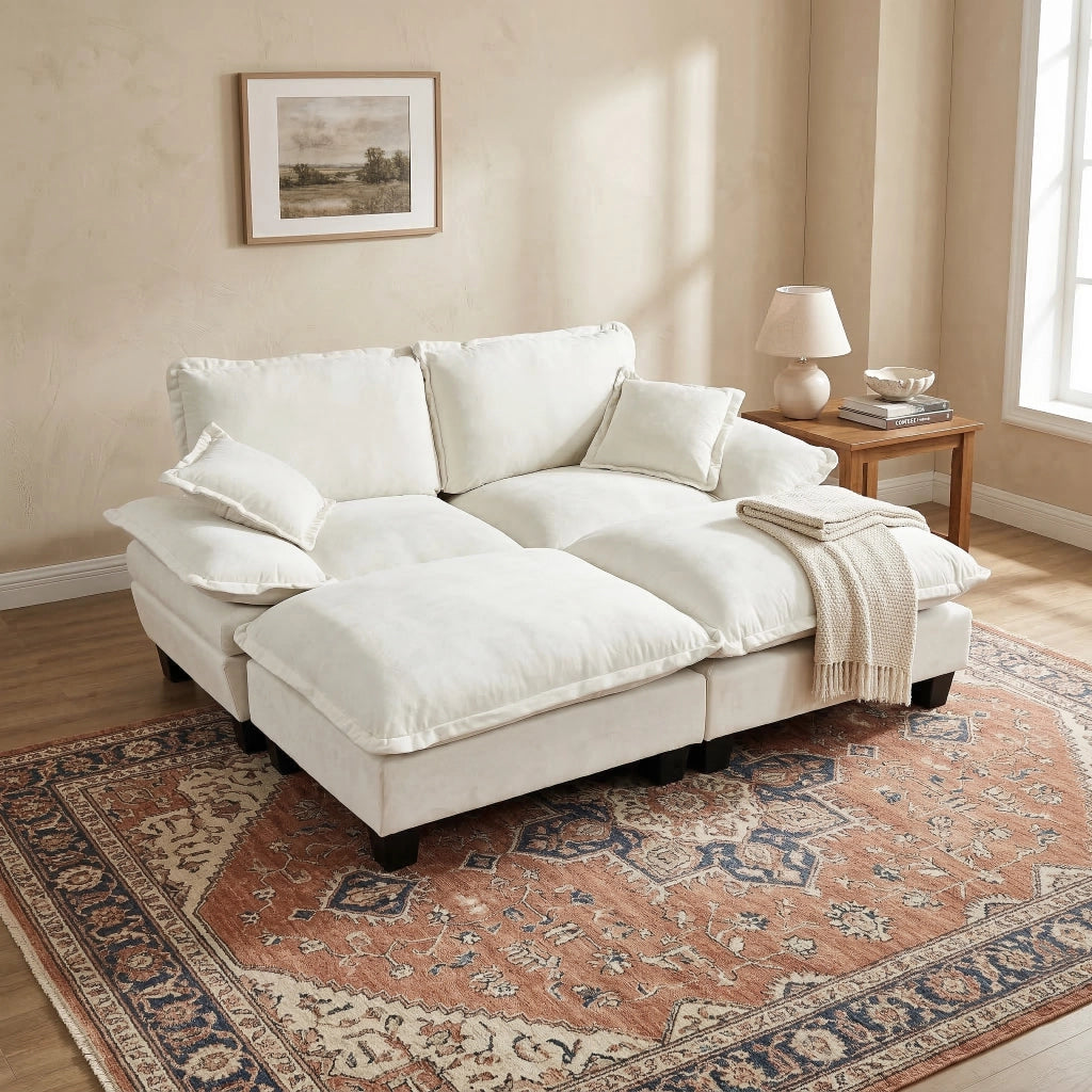 Divano Angolare Modulare con 2 Ottomane e Cuscini ¨C MINIMAL ¨C Chenille Beige