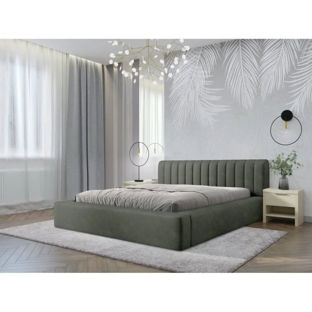 Letto contenitore CERVIN – Velluto morbido Salvia Notturna – 140x200 cm – Rete sollevabile – Design elegante
