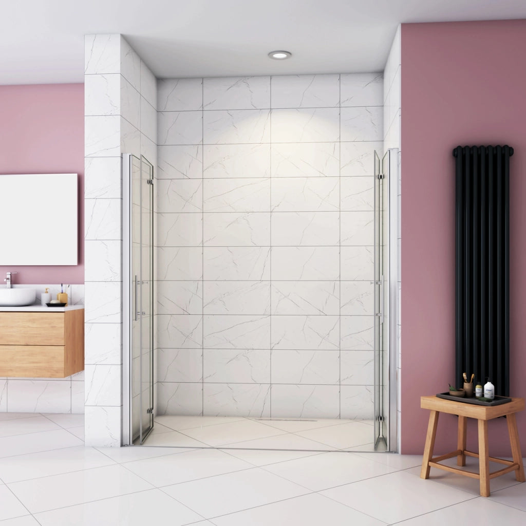 Box Doccia in Linea per Nicchia 185 cm Doppia Porta Battente 4 Ante Pieghevoli Saloon Vetro Temperato 6 mm Anticalcare 155 cm (70+90: 1518-1558 mm)