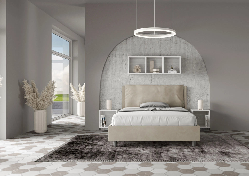BS COM Letto matrimoniale francese con rete imbottito 140x210 microfibra sabbia Large