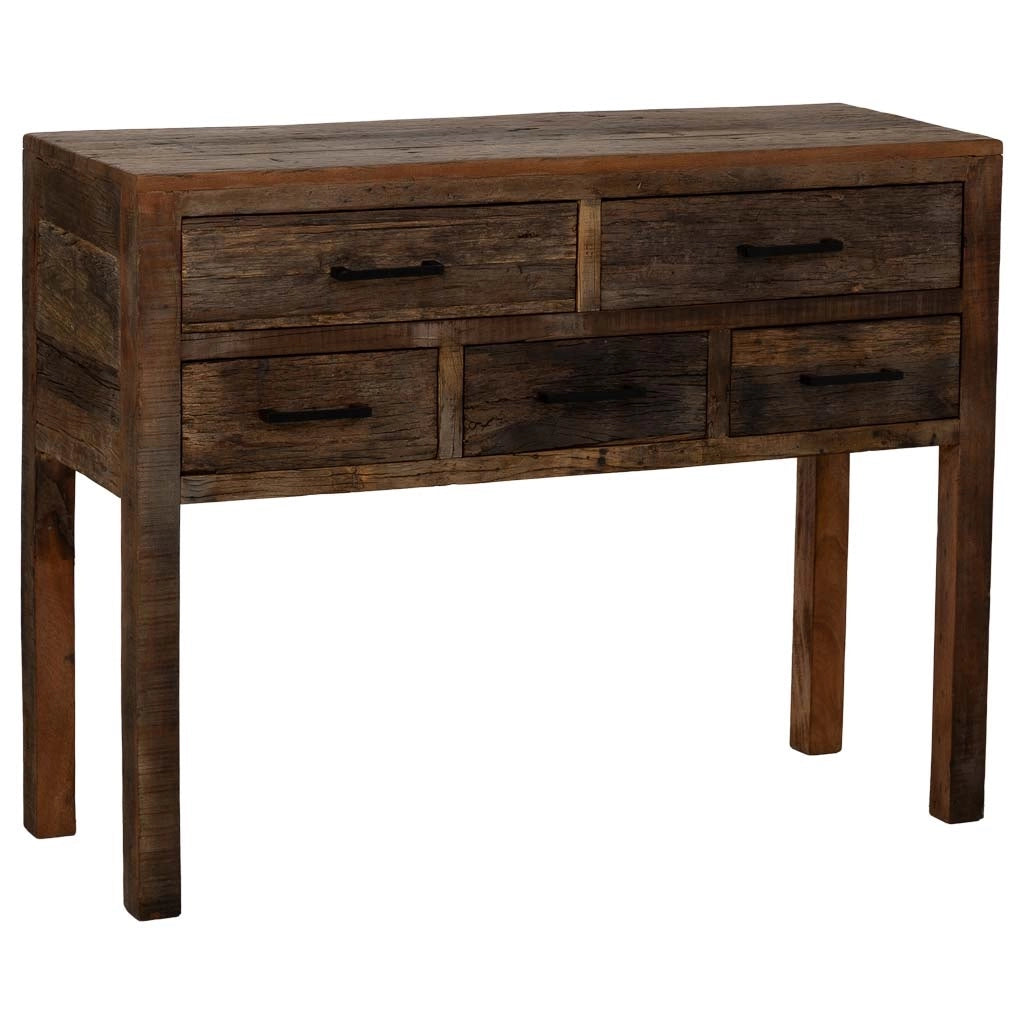 Mobile da ingresso in legno con 5 cassetti marrone, 110x40x85h cm