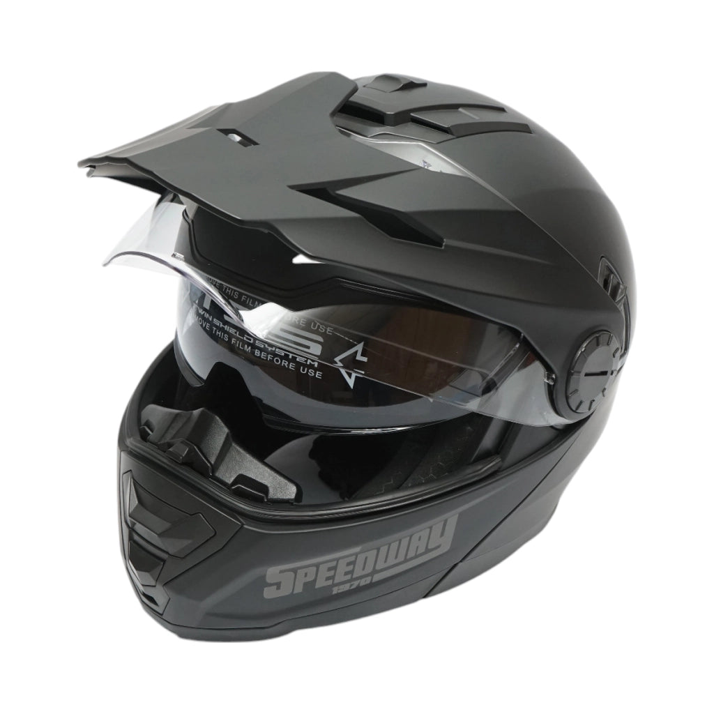 Casco integrale da motocross nero opaco con visiera trasparente e occhiali da sole, taglia L Lion