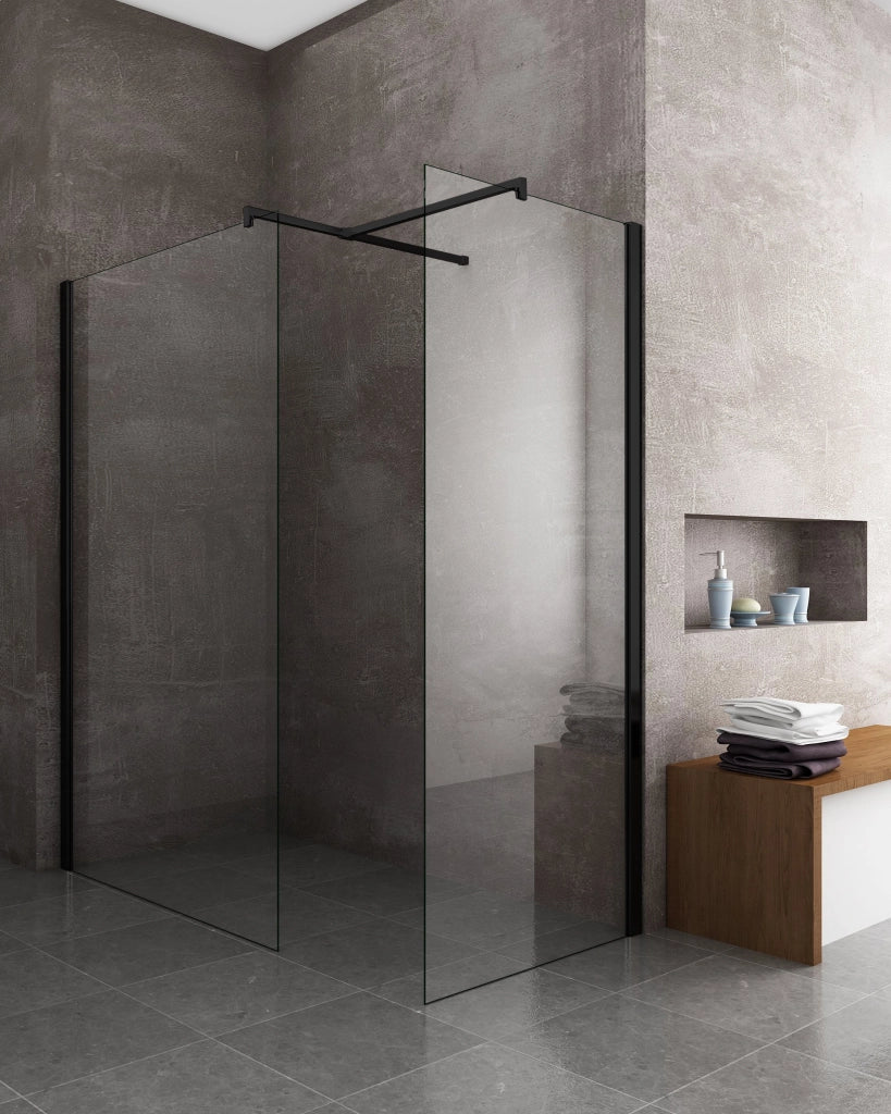 Box Per Doccia Angolare tipo walk-in h 200 8MM Con Vetri Trasparenti Telaio Nero Opaco - 100X90 REVERSIBILE