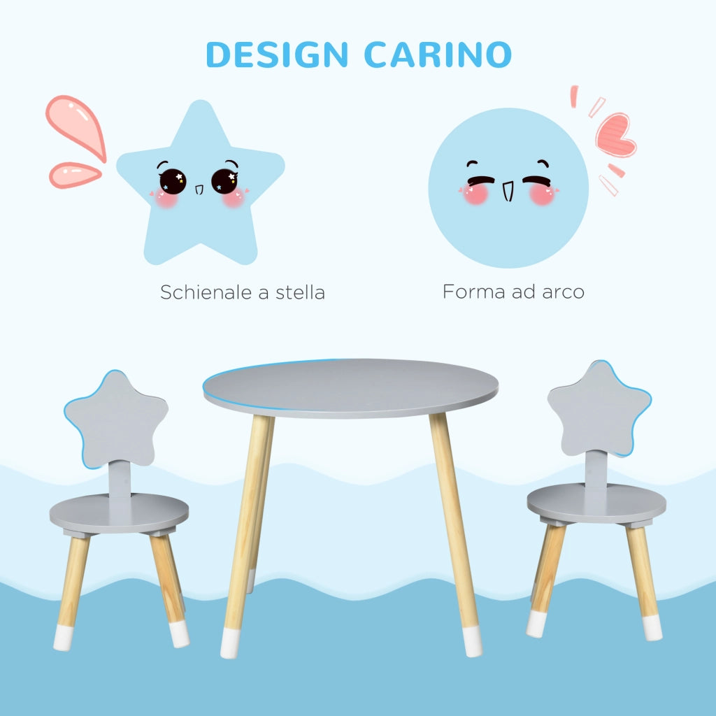 Set Tavolo con 2 Sedie per Bambini in Legno, Et¨¤ da 18 Mesi a 4 Anni, Grigio