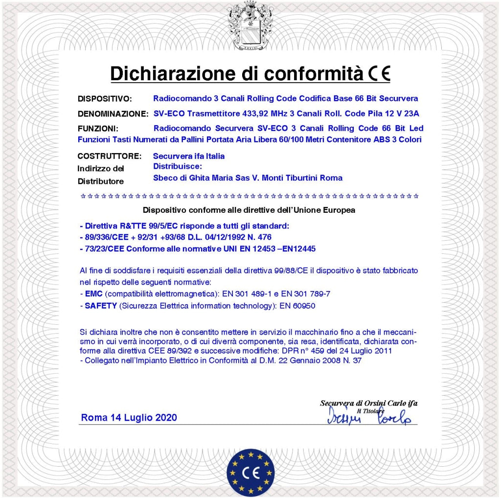 Radiocomando Cancello Tre Canali Dieci Pezzi Frequenza 433,92 MHz Potenza 1 mW Portata Aria Libera 60/100 MT Codice Sicurezza Securvera Rolling Code 66 Bit Batteria 12 V 23A Contenitore ABS Tre Colori