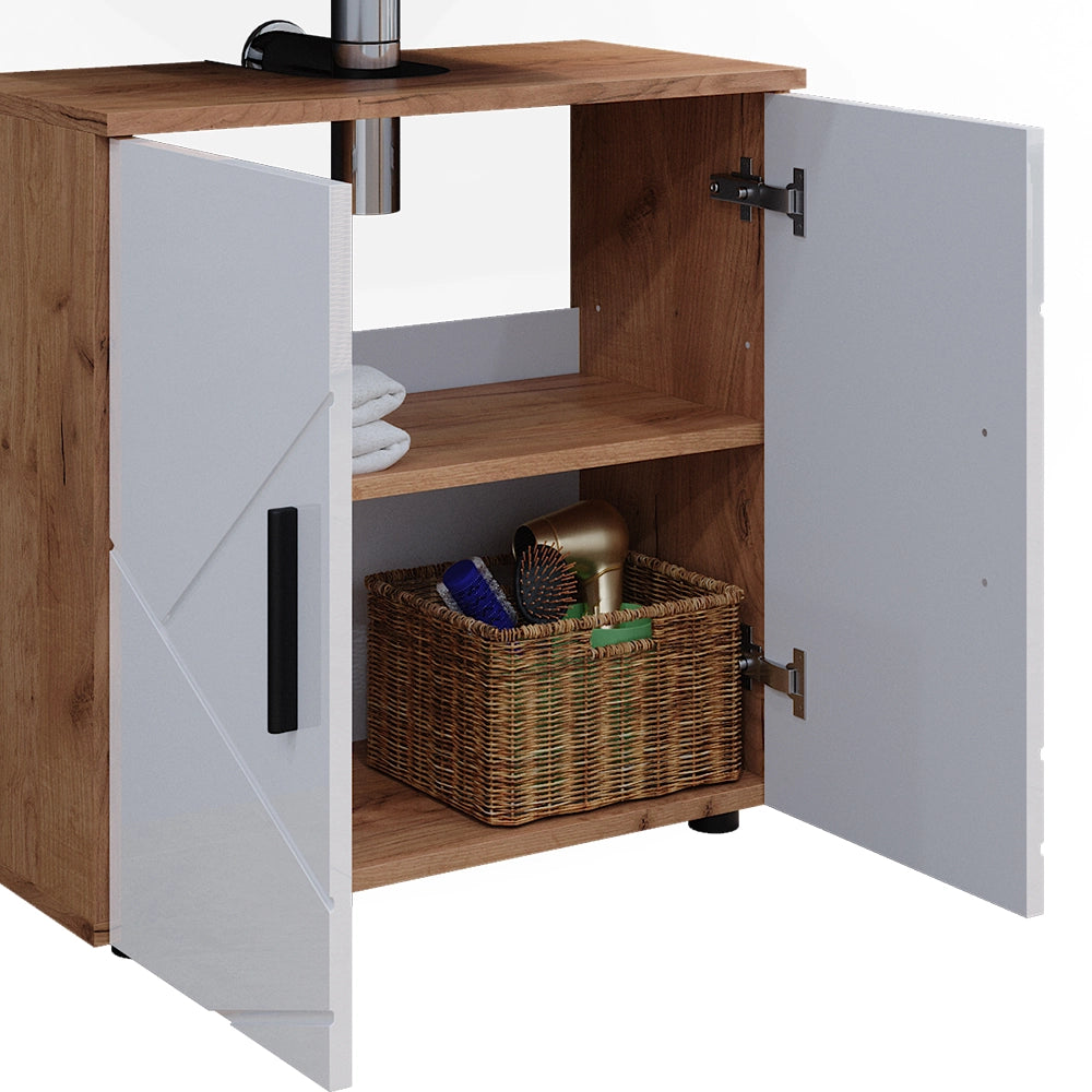 Vicco Set di mobili da bagno Bianco lucido/oro power oak 3 pezzi, con base 60 cm
