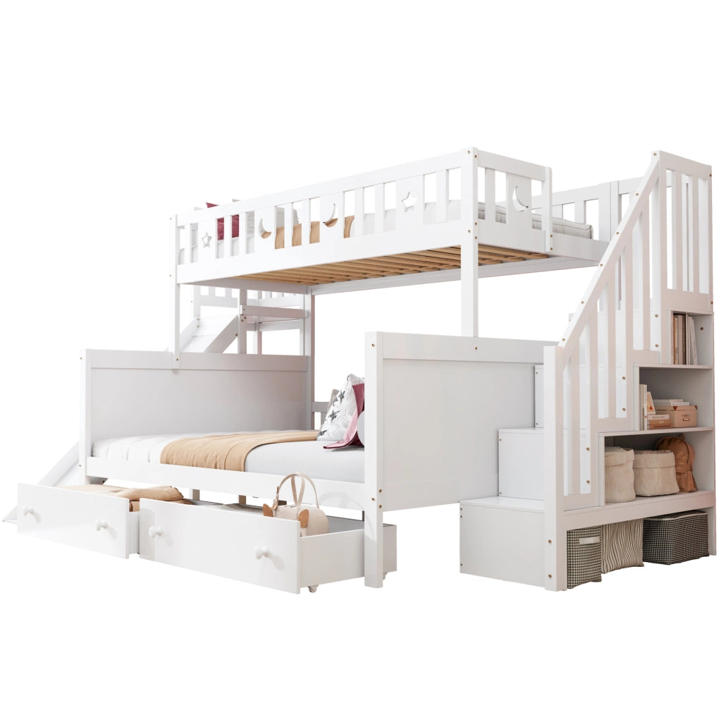 Letto a castello per bambini con scivolo e scala di sicurezza; 90x200/140x200 cm; bianco in legno