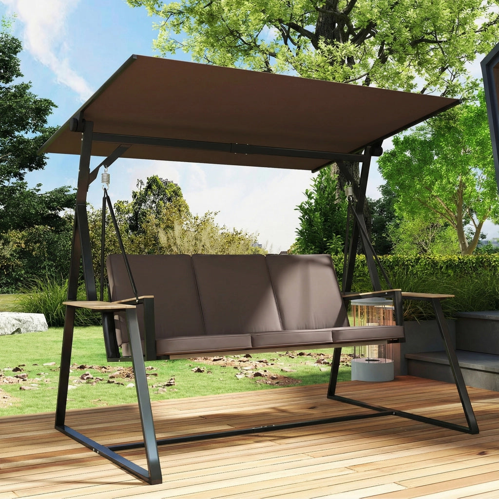 Dondolo da Giardino 3 Posti con Tettuccio Regolabile ¨C zephmum ¨C Marrone, Metallo, 222x131x175 cm