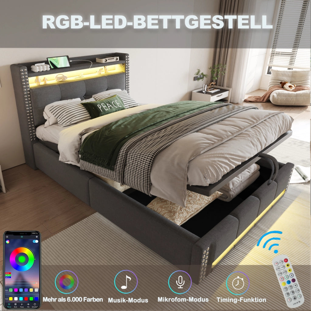 LETTO imbottito con LED, USB e contenitore 90x200 cm grigio