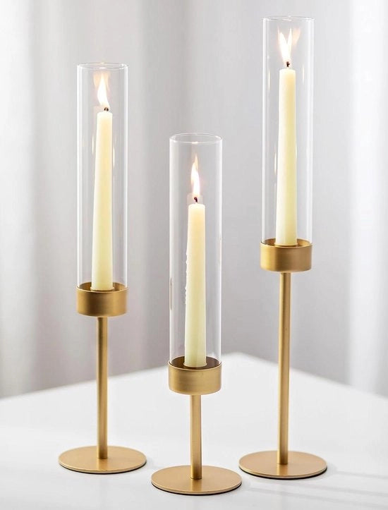 Set di candele in metallo conico a 3 pezzi - Decorazione per tavola di Natale e festa di matrimonio - Candelabro in metallo con cilindro di vetro