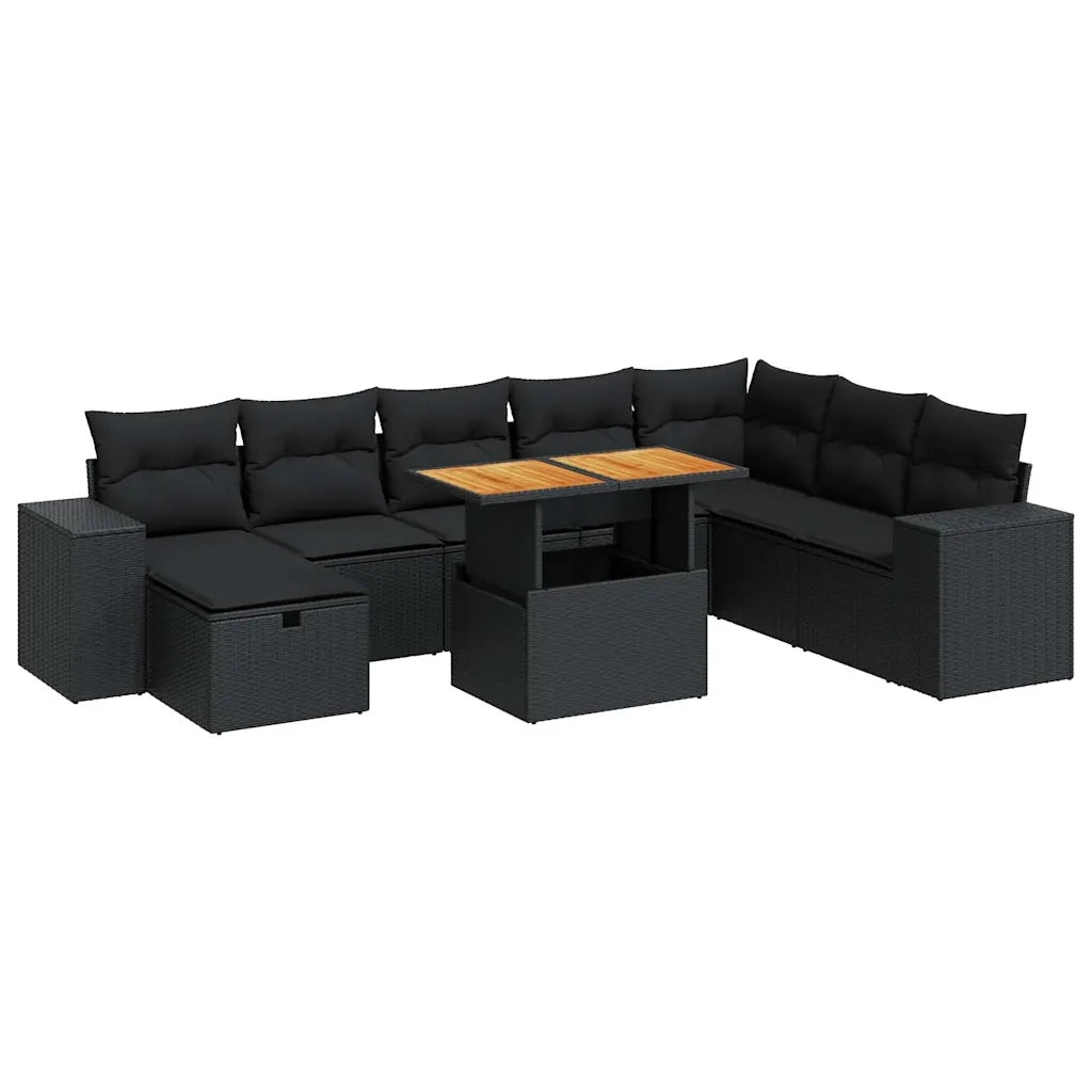 Set Divani da Giardino 9 pz con Cuscini Nero Polyrattan Acacia 3328098