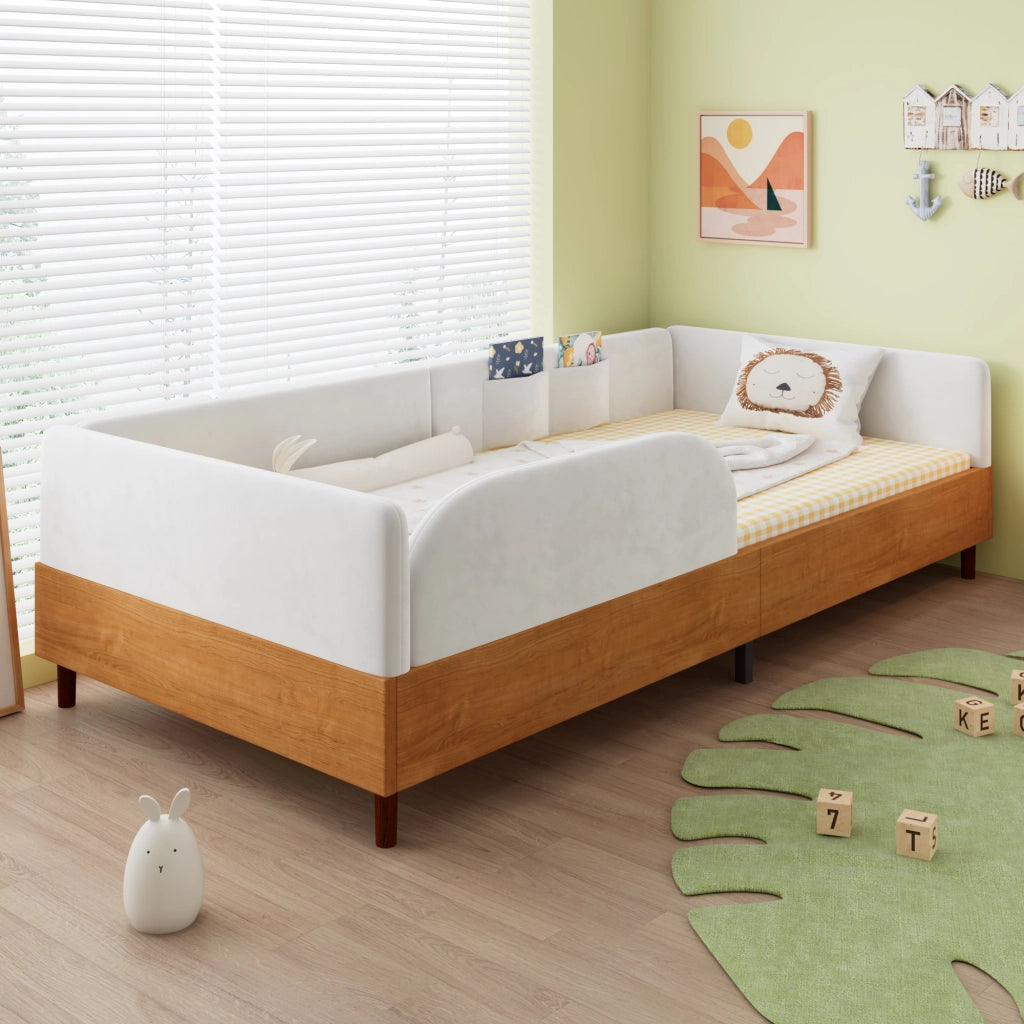 LETTO imbottito 90x200 cm in velluto bianco e legno