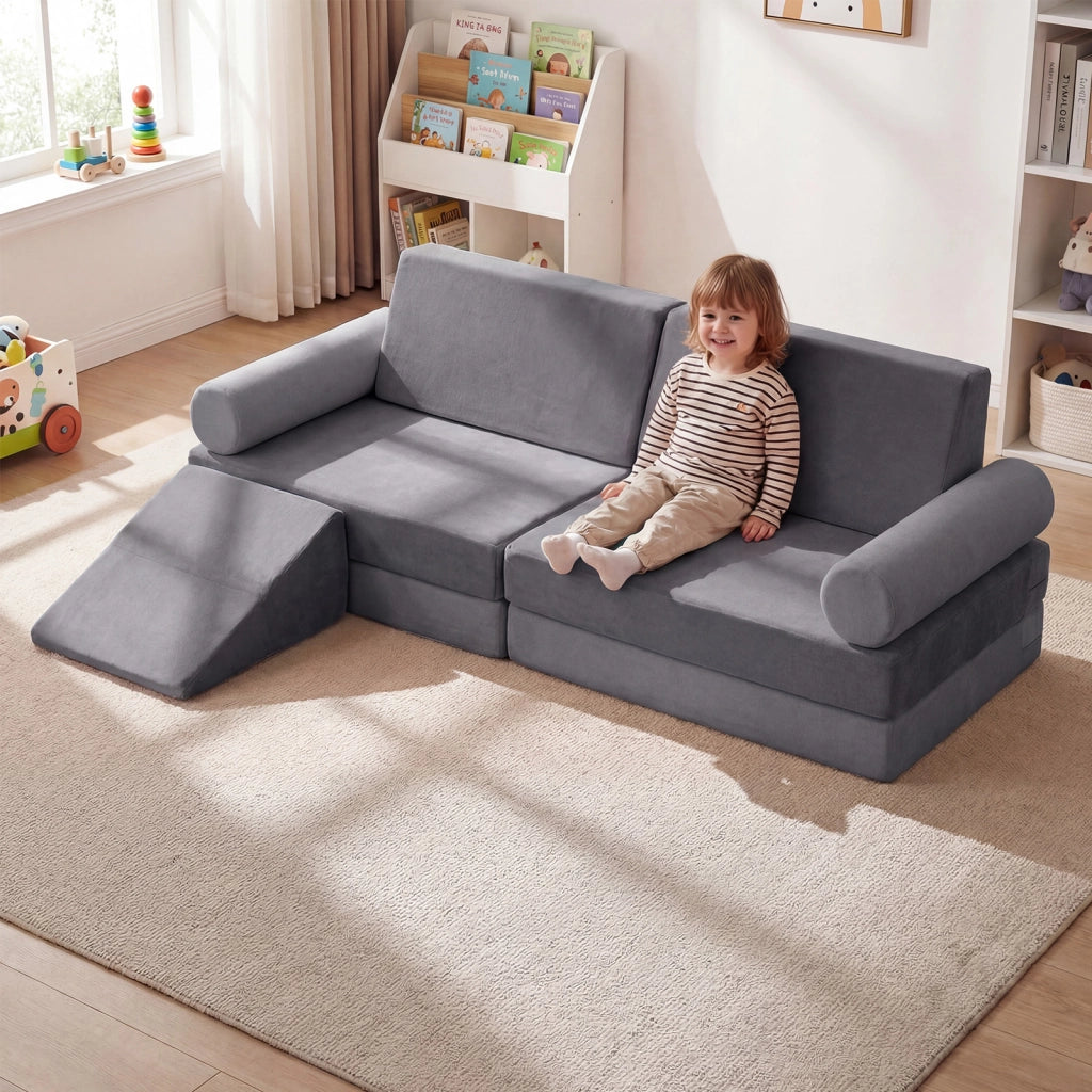 Divano componibile per bambini con rivestimento in velluto cristallo, Divanetto modurale sottovuoto a 10 pezzi Grigio