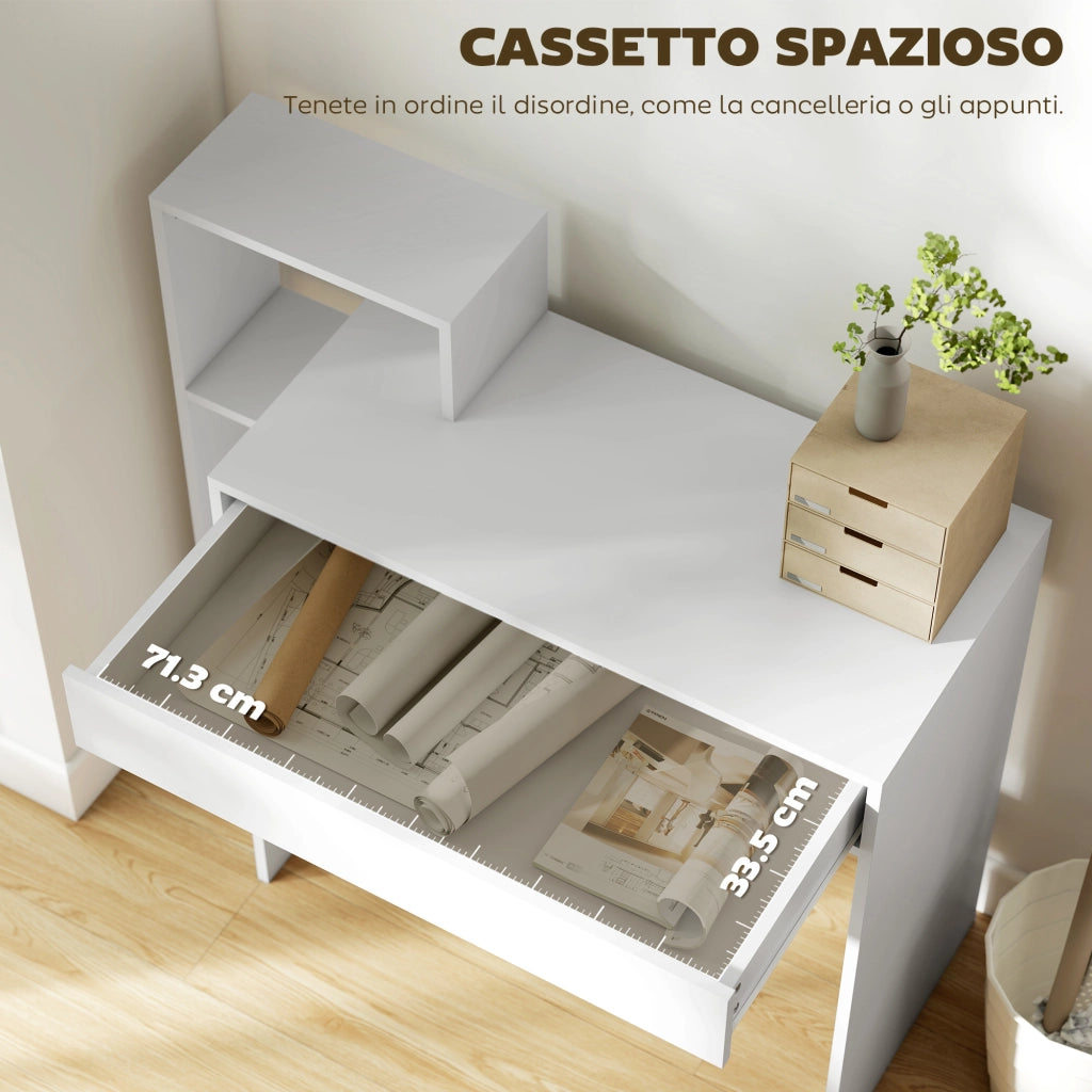 Scrivania Moderna 100x40x90 cm con Ripiani e Cassetto in Legno Bianco