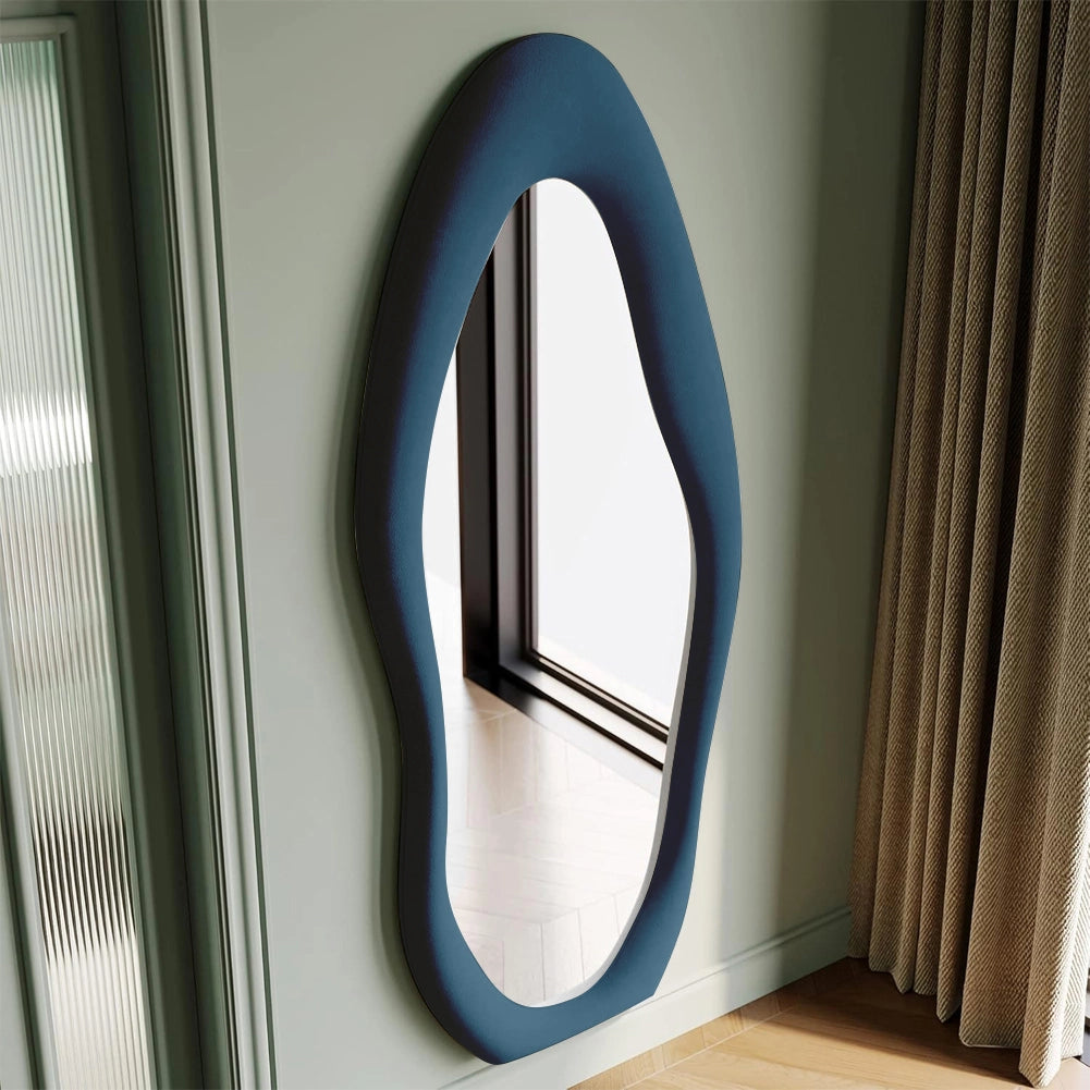 Specchio Grande Ondulato con Cornice Rivestimento in Velluto Blu 60 x 160 cm