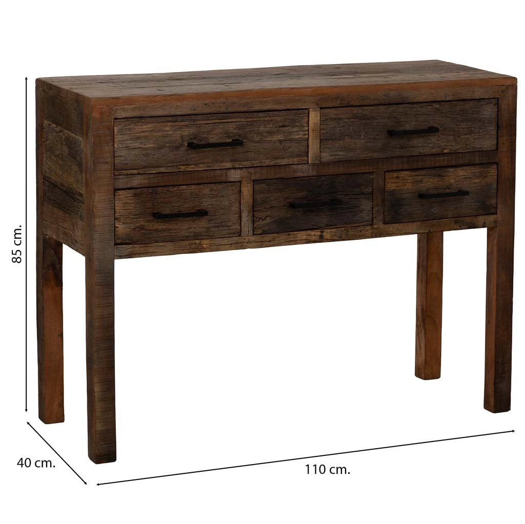 Mobile da ingresso in legno con 5 cassetti marrone, 110x40x85h cm