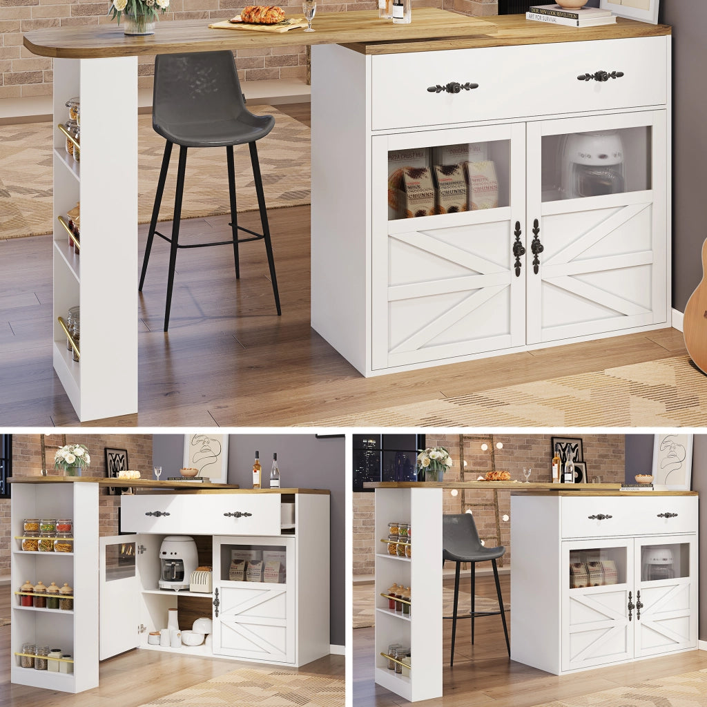 OKWISH Tavolo Bar con 1 Cassetto, Ripiani Regolabili e Rotazione a 360°, per Cucina e Sala da Pranzo, MDF, Bianco, 138-204×39×104 cm