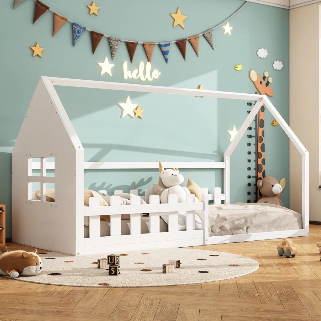 Letto per bambini 90x200 cm in pino e MDF, forma casetta, bianco