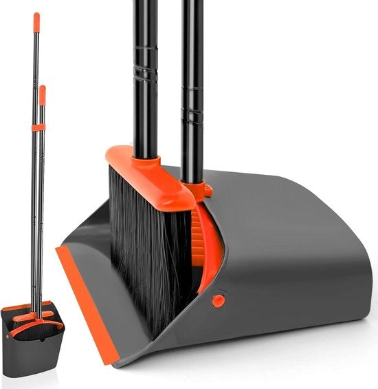 Set di spazzola e panno in acciaio di 138 cm con spazzola a setole e panno stante verticale con denti a setole per interni cucina lobby giardino ufficio (nero arancione)