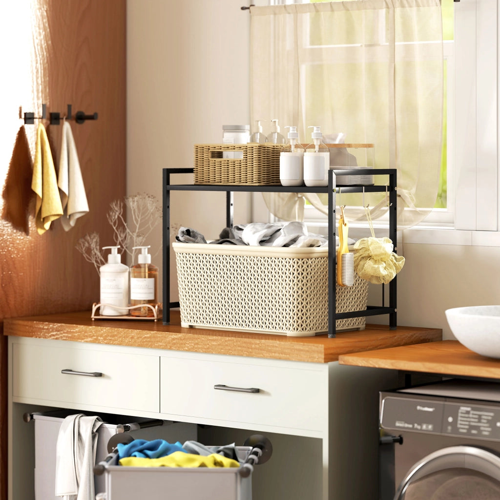 Tavolino da caff¨¨ a 2 livelli con ripiano estraibile e 3 ganci ¨C Zephmum ¨C Nero, metallo, 50x50x50 cm