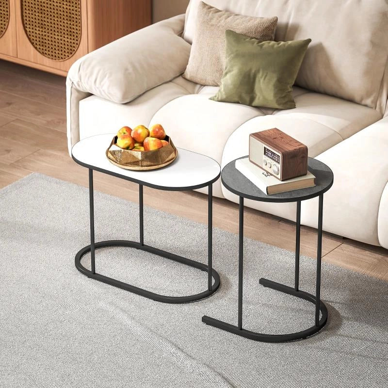SET 2 TAVOLINI DA SALOTTO IMPILABILI CON TELAIO IN METALLO PER SOGGIORNO E UFFICIO, GRIGIO E BIANCO