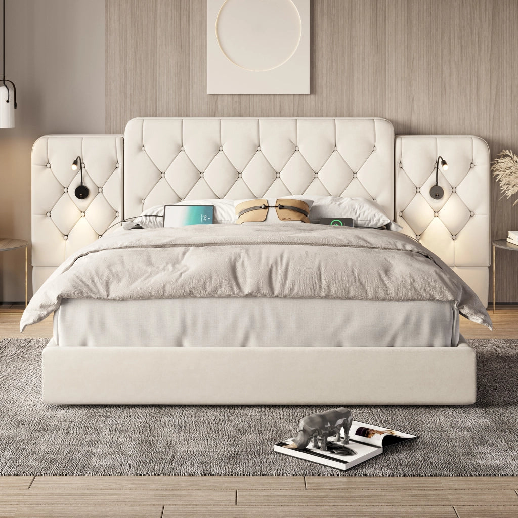 DESMIU Letto contenitore 180 × 200 cm 2 posti con testiera allungata, luci da lettura, USB e senza materasso, beige