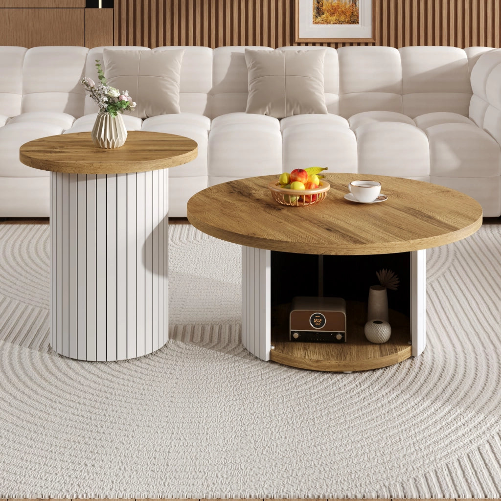 Tavolino da Caffè Rotondo con Tavolino Ausiliario, Spazio Di Archiviazione, Stile Nordico per Soggiorno, in MDF, Naturale