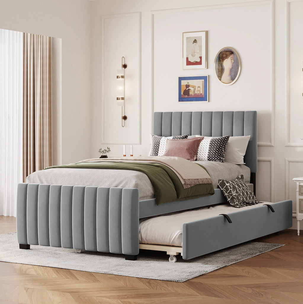 Letto imbottito singolo 90x190 cm con letto estraibile in velluto grigio